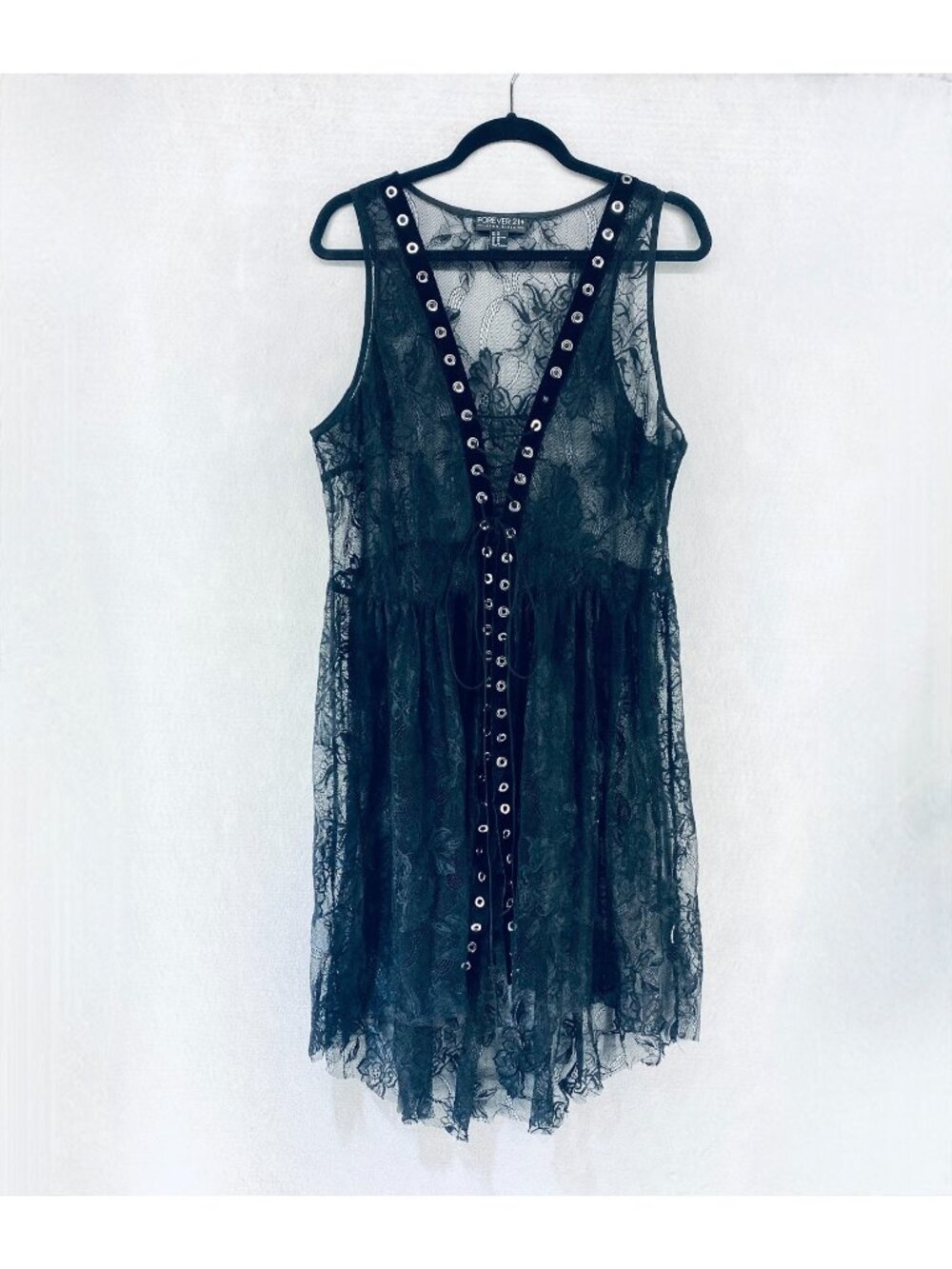 Vintage y2k Forever 21 Top Womens L Black Lace Duster Corset Whimsy Goth